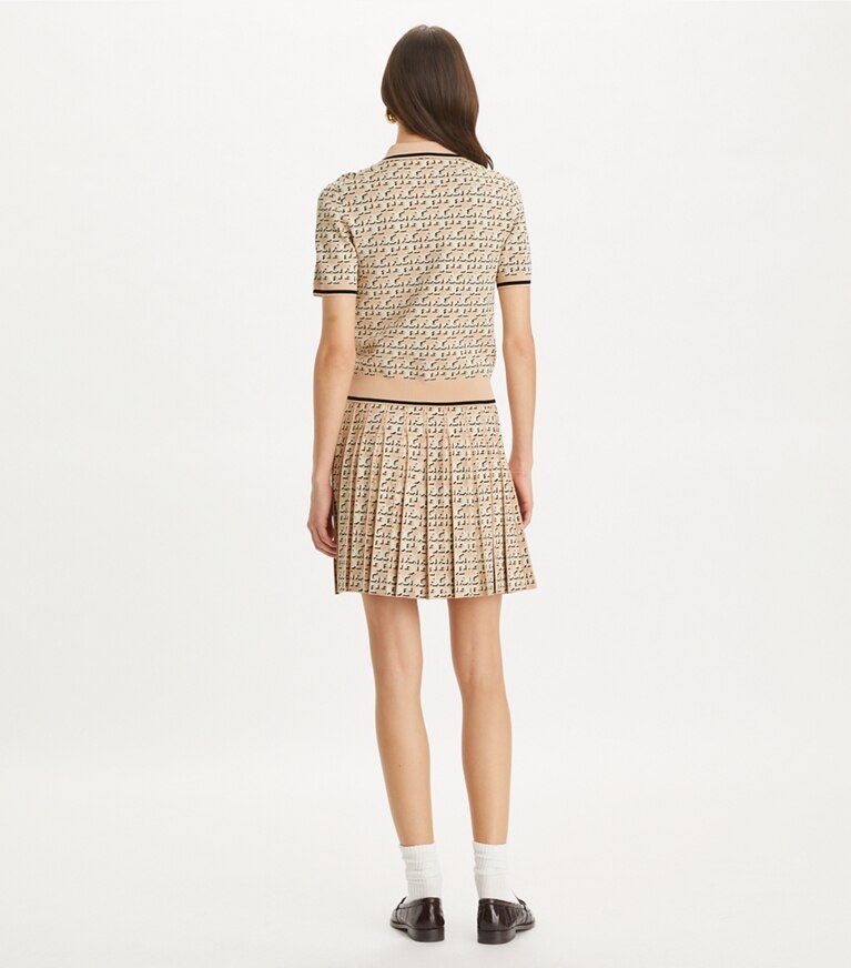 Tory Burch designer bottoms T Monogram Pleated Viscose Skirt in Apricot Blush T Logo Drop Shadow front
