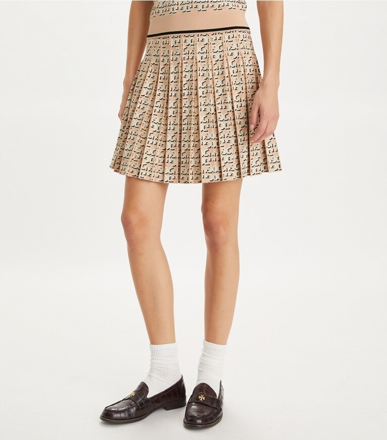 Tory Burch designer bottoms T Monogram Pleated Viscose Skirt in Apricot Blush T Logo Drop Shadow front