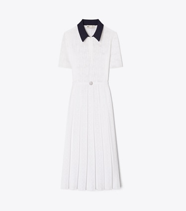 Tory Burch designer ワンピース Tモノグラム ポインテール プリーツドレス in White / Navy front