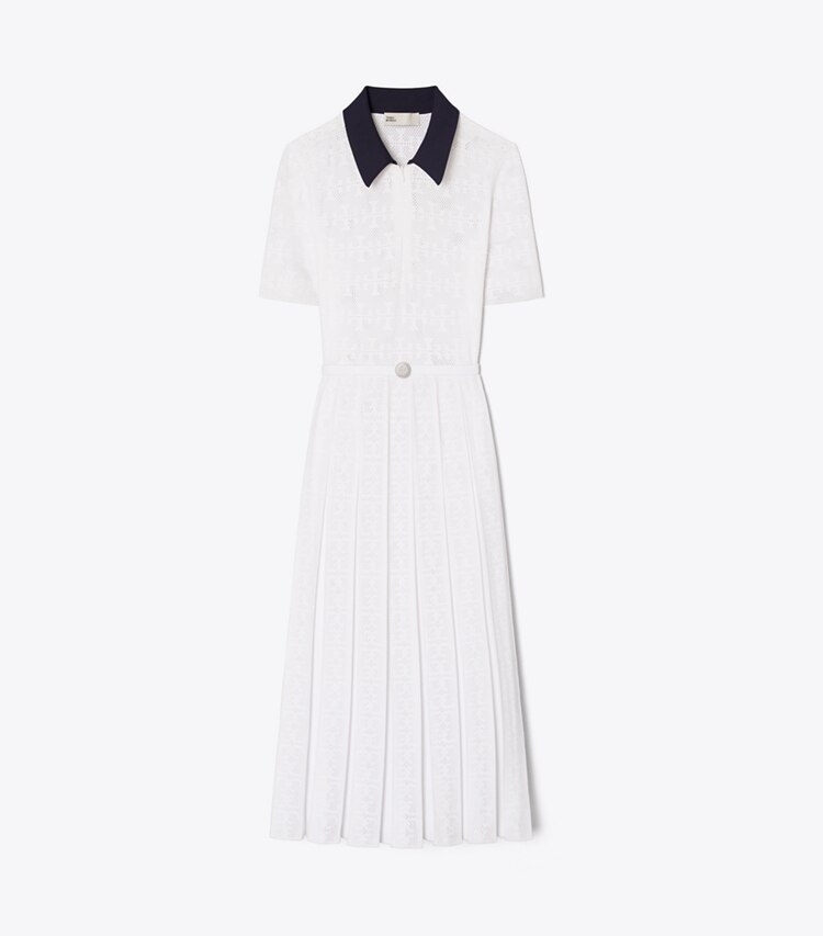 Tory Burch designer ワンピース Tモノグラム ポインテール プリーツドレス in White / Navy front