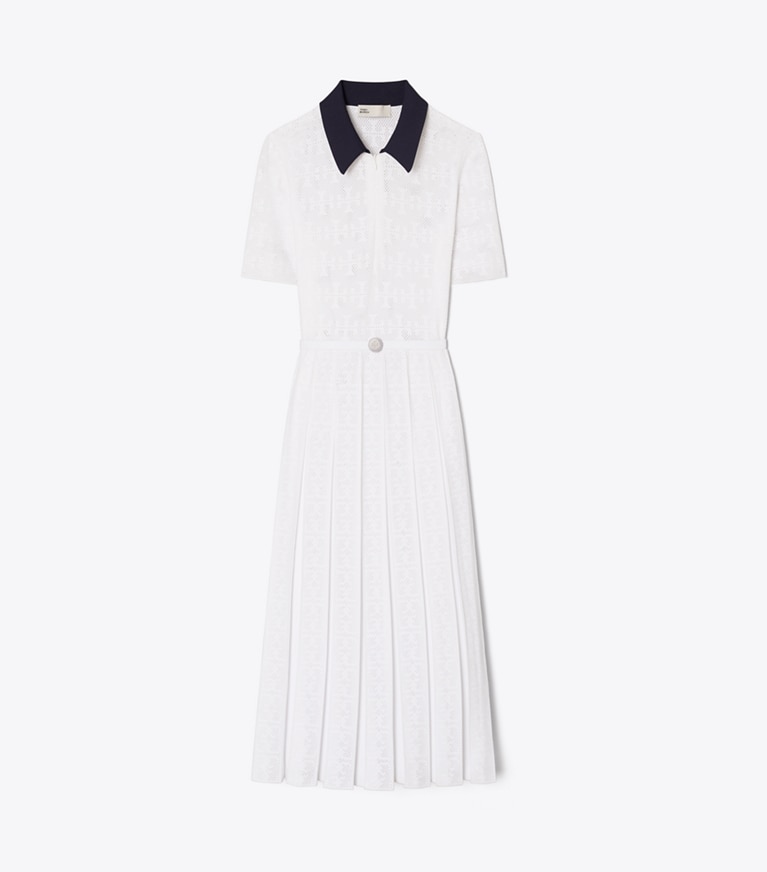 Tory Burch designer ワンピース Tモノグラム ポインテール プリーツドレス in White / Navy front