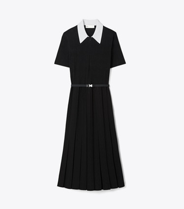 Tory Burch designer ドレス Tモノグラム ポインテール プリーツドレス in White / Black front