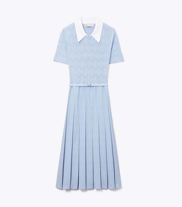 Tory Burch designer dresses T Monogram Pointelle Pleated Dress in Soft White / Crisp Blue front