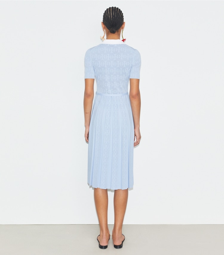 Tory Burch designer dresses T Monogram Pointelle Pleated Dress in Soft White / Crisp Blue on model back