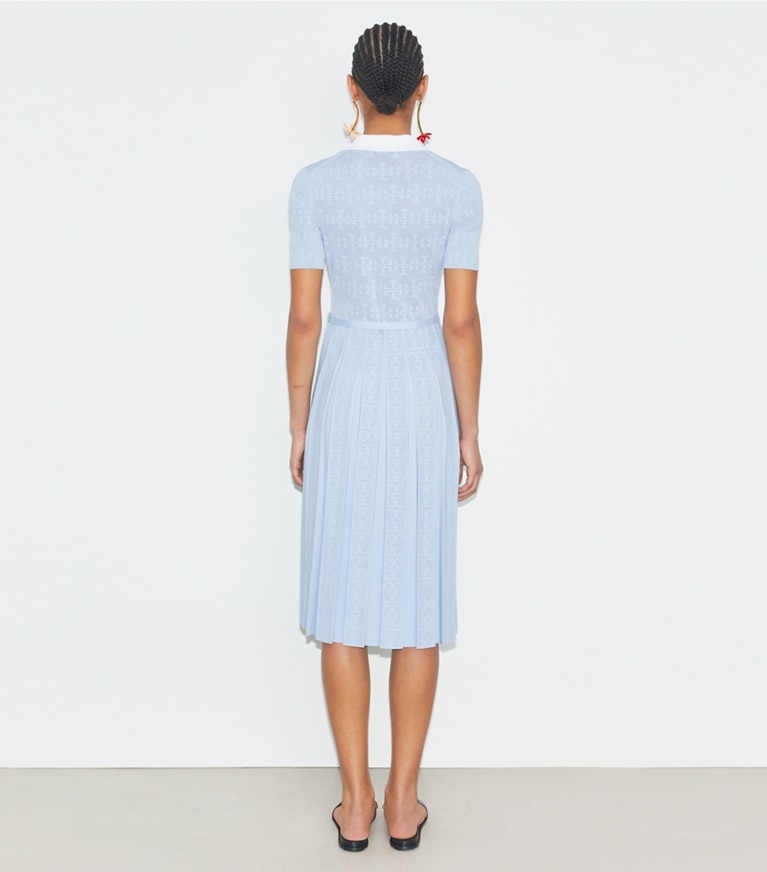 Tory Burch designer dresses T Monogram Pointelle Pleated Dress in Soft White / Crisp Blue front
