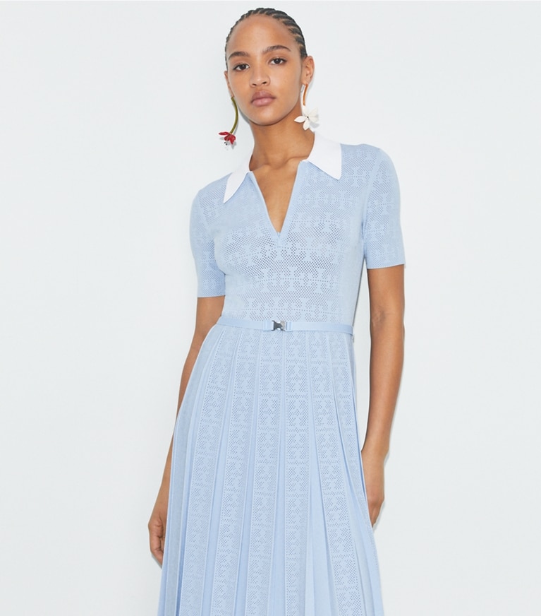 Tory Burch designer dresses T Monogram Pointelle Pleated Dress in Soft White / Crisp Blue front