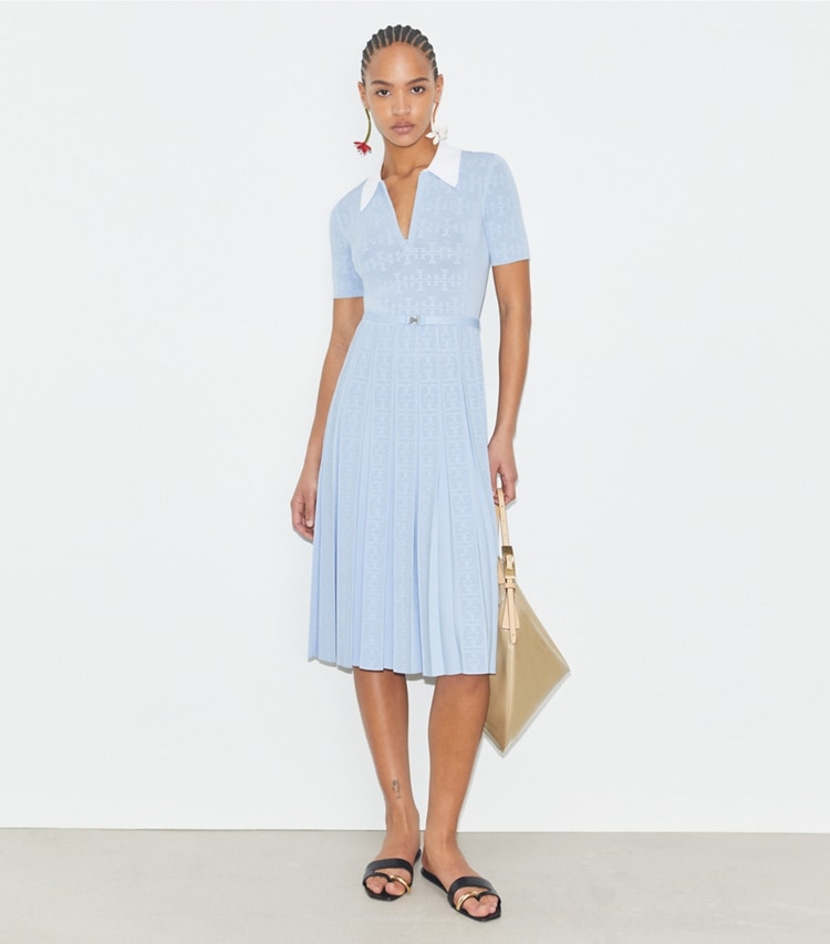 Tory Burch designer dresses T Monogram Pointelle Pleated Dress in Soft White / Crisp Blue on model front