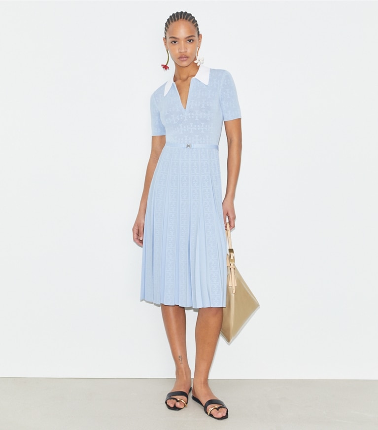 Tory Burch designer dresses T Monogram Pointelle Pleated Dress in Soft White / Crisp Blue front