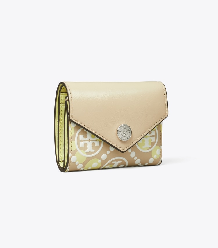 Tory Burch designer wallets T Monogram Printed Leather Small Envelope Wallet in Khaki Sand angle