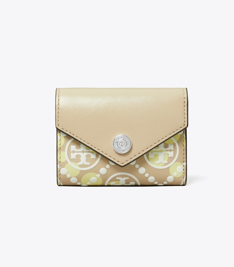 Tory Burch designer wallets T Monogram Printed Leather Small Envelope Wallet in Khaki Sand front