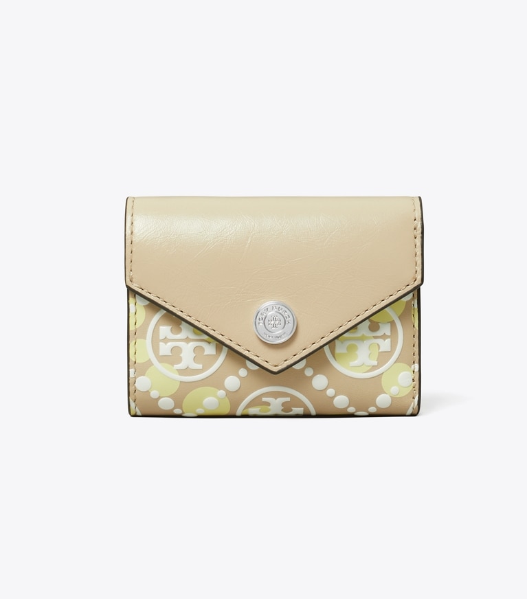 Tory Burch designer wallets T Monogram Printed Leather Small Envelope Wallet in Khaki Sand angle