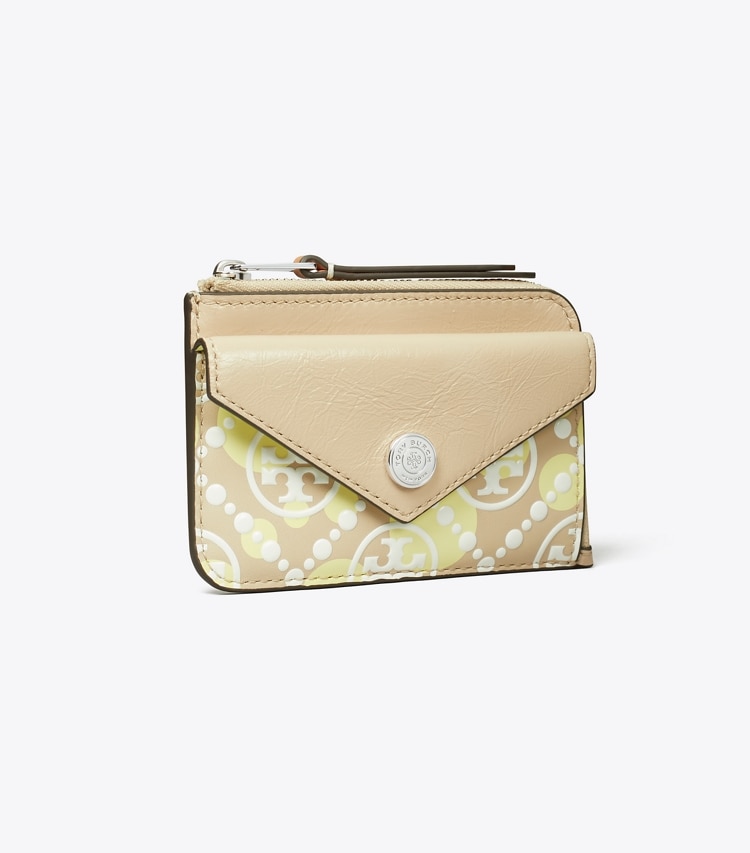 Tory Burch designer card cases T Monogram Printed Leather Zip Card Case in Khaki Sand angle