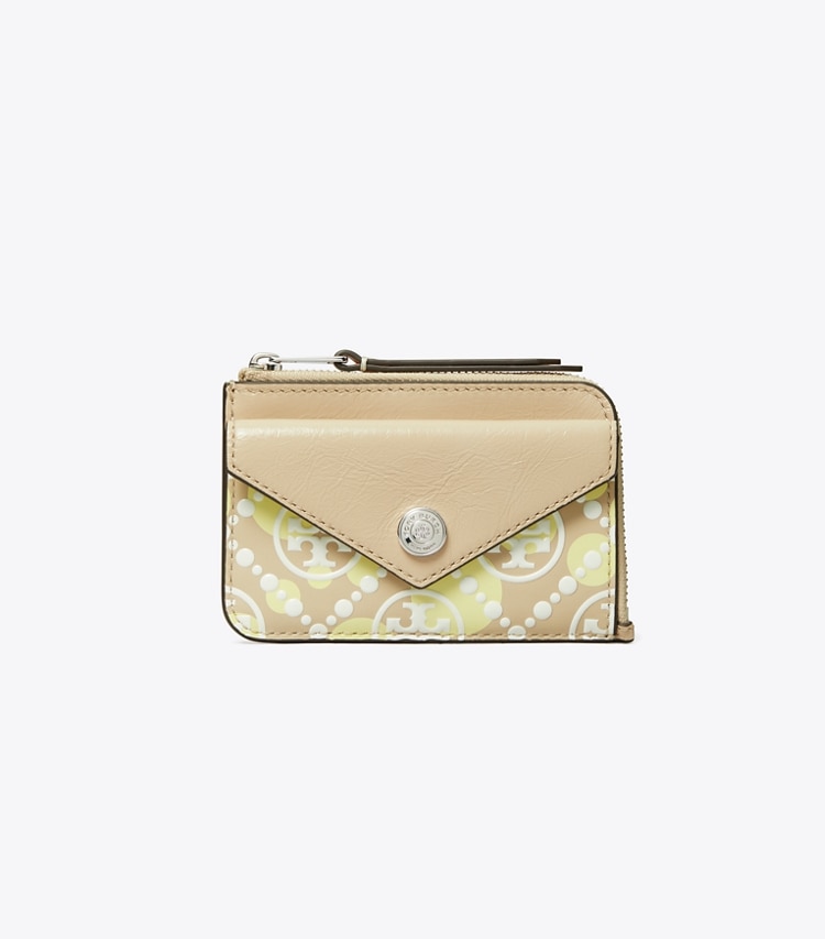 Tory Burch designer card cases T Monogram Printed Leather Zip Card Case in Khaki Sand front