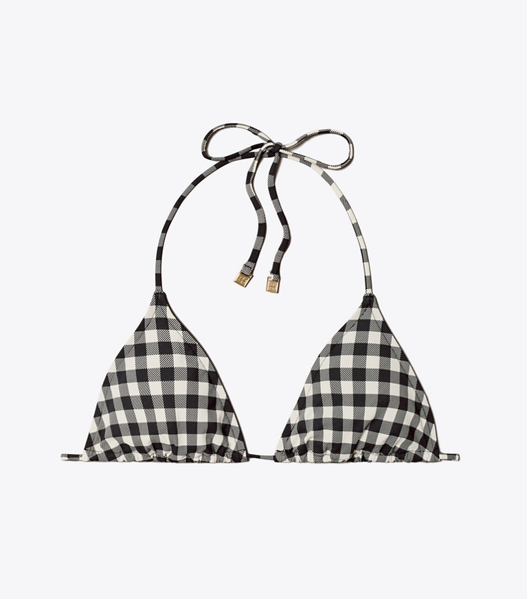 Tory Burch designer two pieces T Monogram Printed String Bikini Top in BLACK / NEW IVORY GINGHAM front