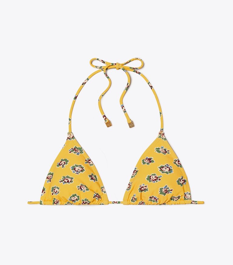 Tory Burch designer two pieces T Monogram Printed String Bikini Top in Yellow Garden Rose front