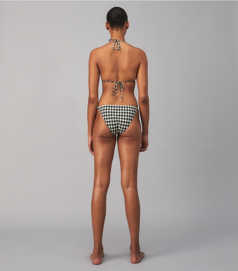 Tory Burch designer two pieces T Monogram Printed String Bikini Top in BLACK / NEW IVORY GINGHAM front