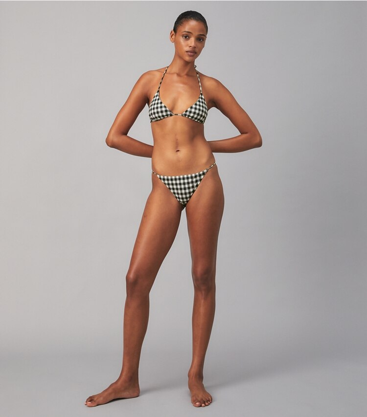 Tory Burch designer two pieces T Monogram Printed String Bikini Top in BLACK / NEW IVORY GINGHAM on model front