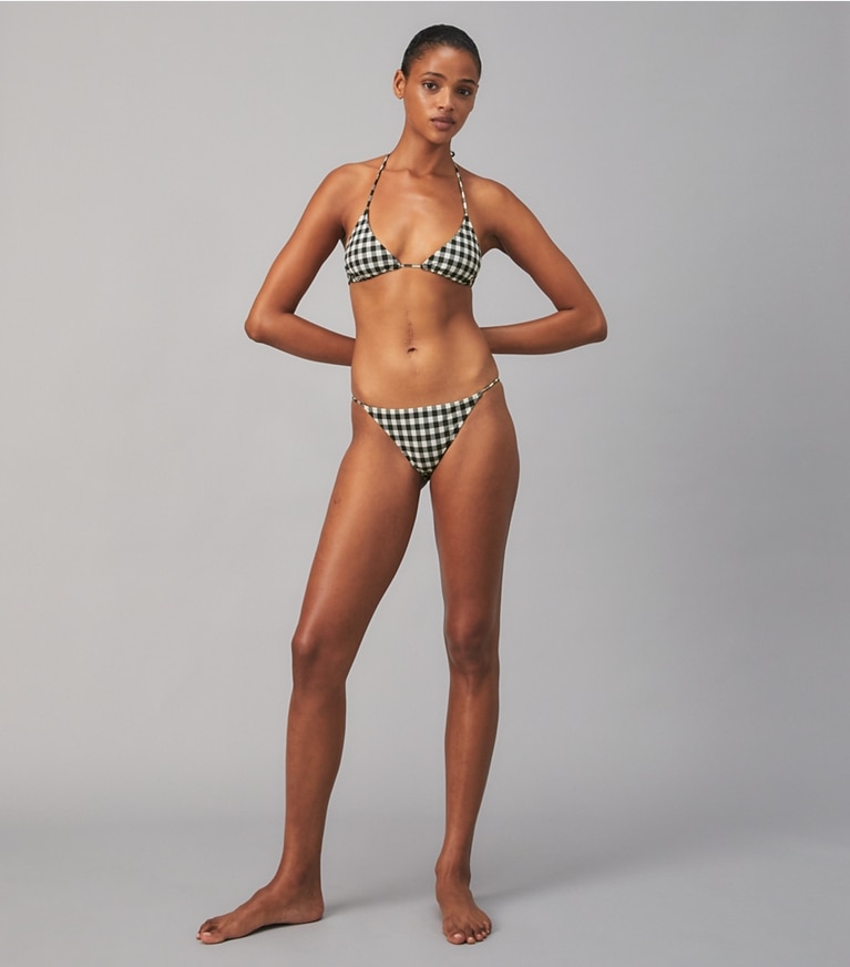 Tory Burch designer two pieces T Monogram Printed String Bikini Top in BLACK / NEW IVORY GINGHAM front