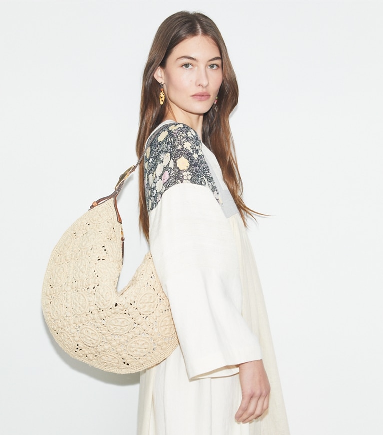 Tory Burch designer hobo bags T Monogram Raffia Balloon Bag in Natural angle