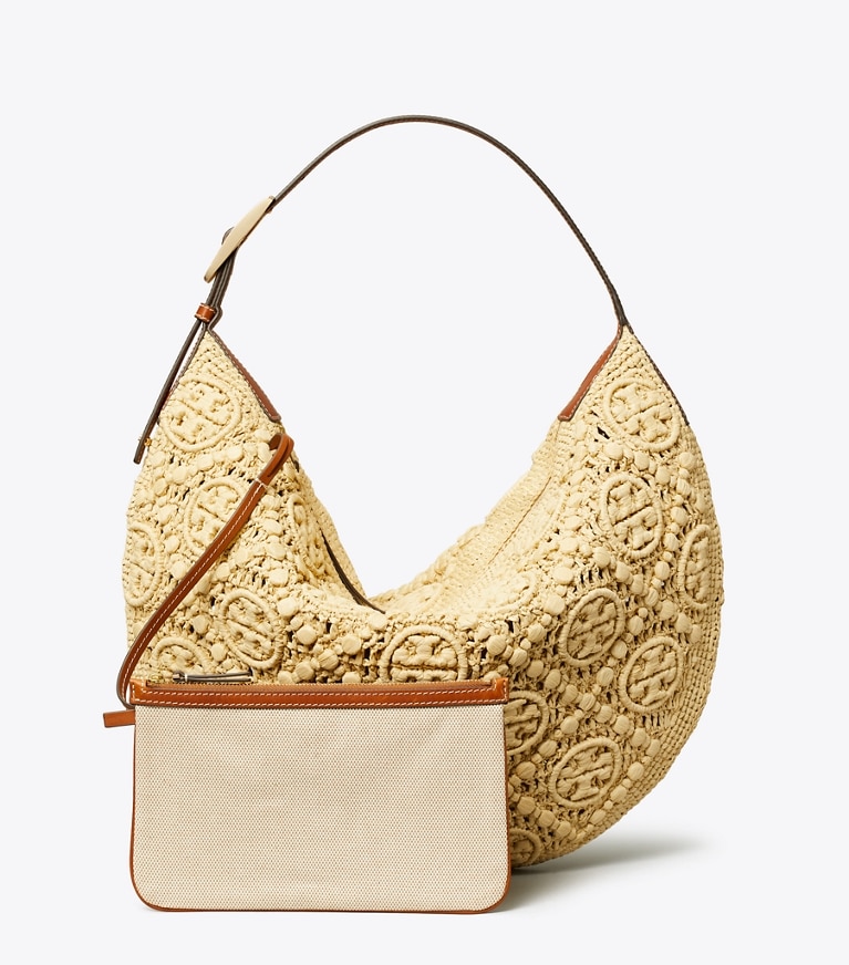 Tory Burch designer hobo bags T Monogram Raffia Balloon Bag in Natural angle