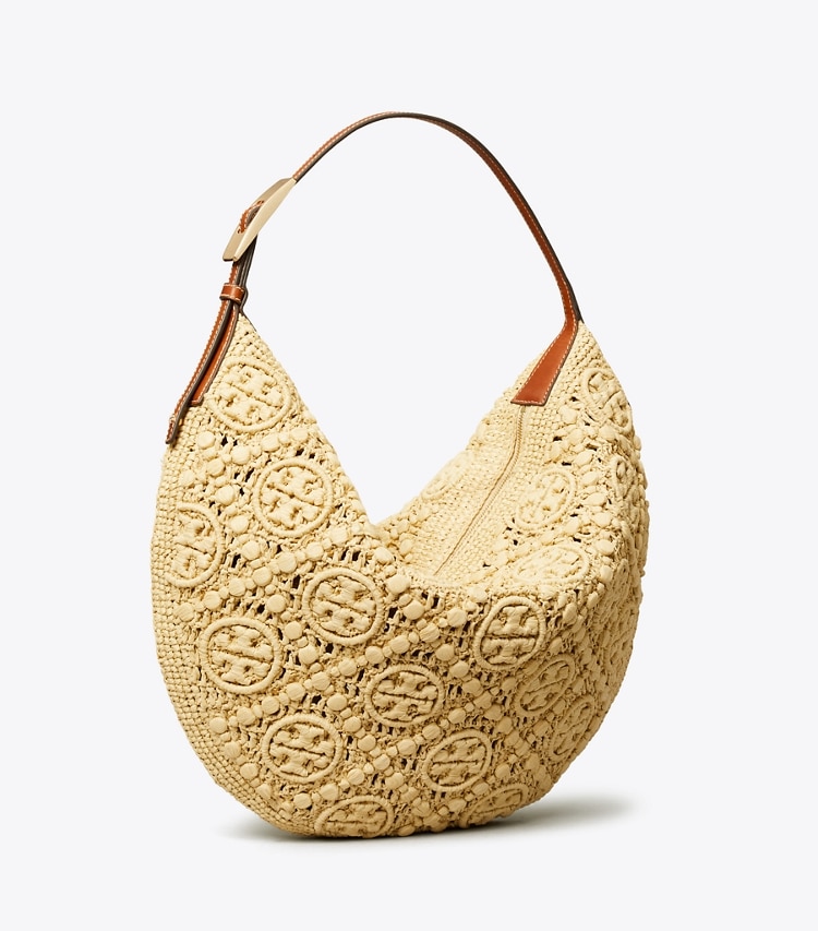 Tory Burch designer hobo bags T Monogram Raffia Balloon Bag in Natural angle