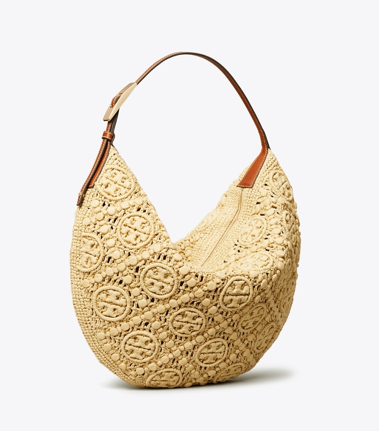 Tory Burch designer hobo bags T Monogram Raffia Balloon Bag in Natural angle