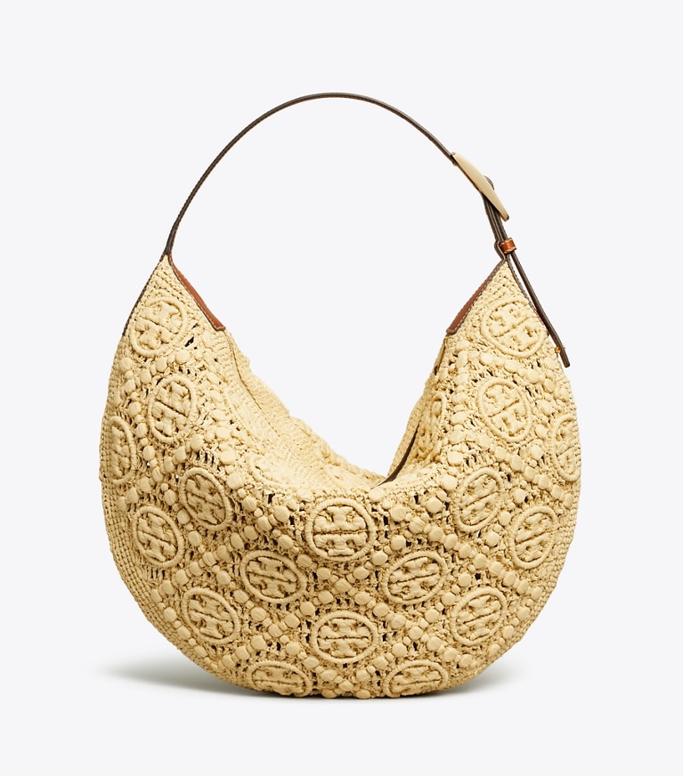 Tory Burch designer hobo bags T Monogram Raffia Balloon Bag in Natural angle