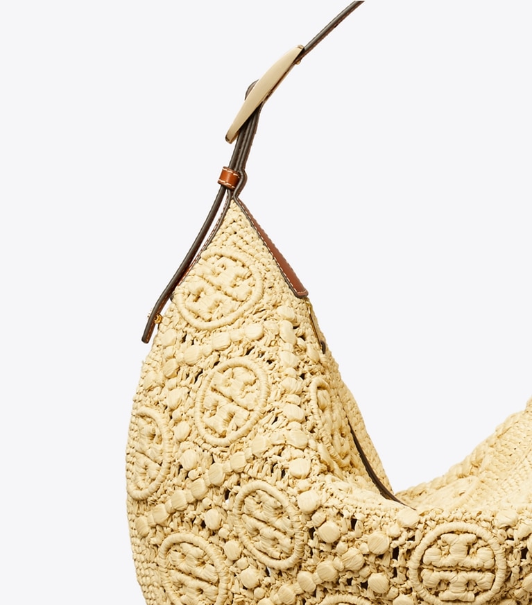 Tory Burch designer hobo bags T Monogram Raffia Balloon Bag in Natural angle