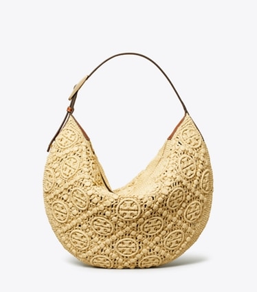 Tory Burch designer hobo bags T Monogram Raffia Balloon Bag in Natural front