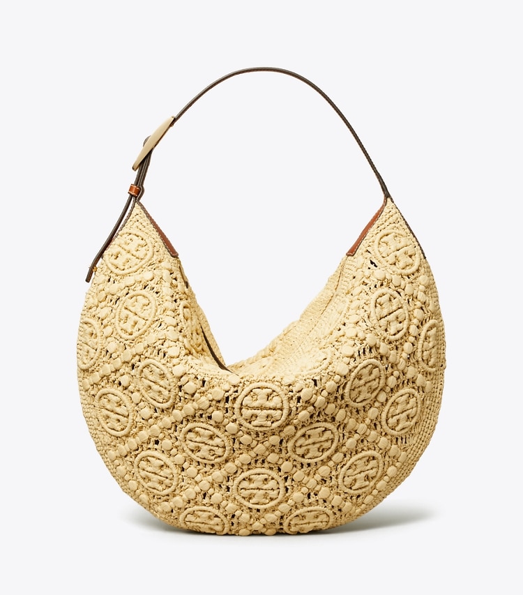 Tory Burch designer hobo bags T Monogram Raffia Balloon Bag in Natural front