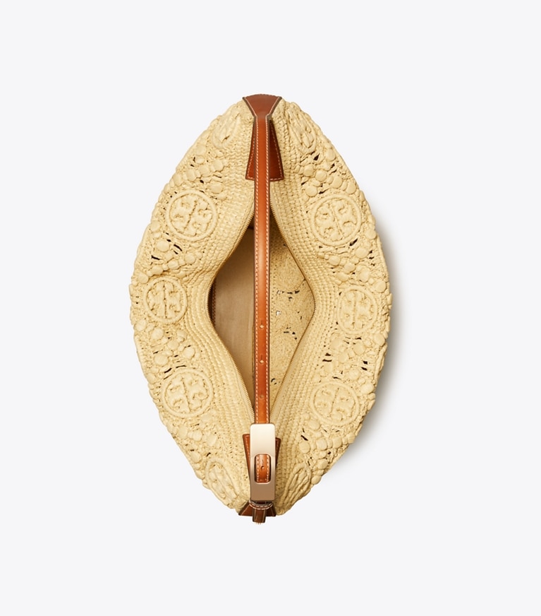Tory Burch designer hobo bags T Monogram Raffia Balloon Bag in Natural angle