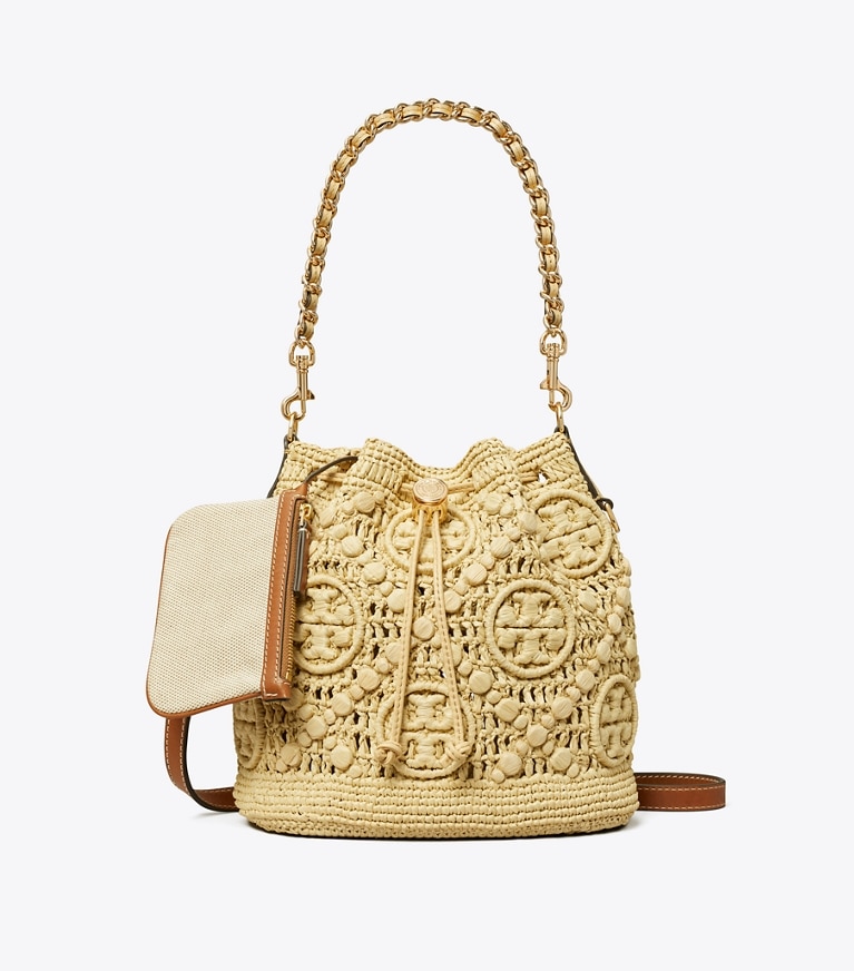 Tory Burch designer crossbody bags T Monogram Raffia Bucket Bag in Natural angle