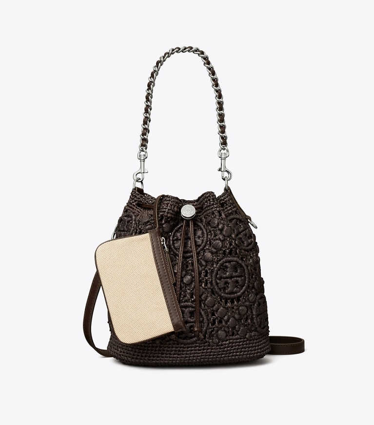 Tory Burch designer crossbody bags T Monogram Raffia Bucket Bag in Cocoa angle