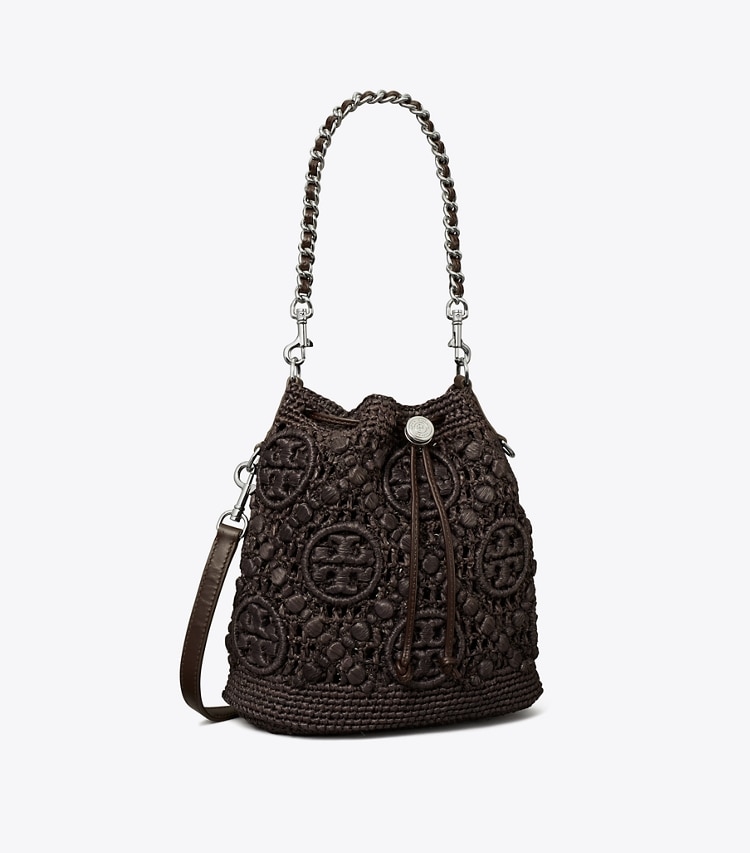 Tory Burch designer crossbody bags T Monogram Raffia Bucket Bag in Cocoa angle