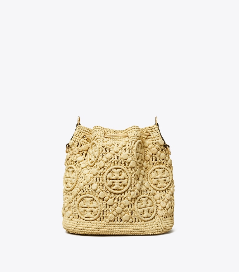 Tory Burch designer crossbody bags T Monogram Raffia Bucket Bag in Natural angle