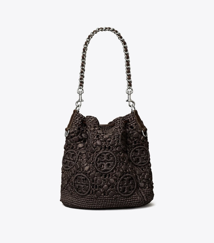 Tory Burch designer crossbody bags T Monogram Raffia Bucket Bag in Cocoa back