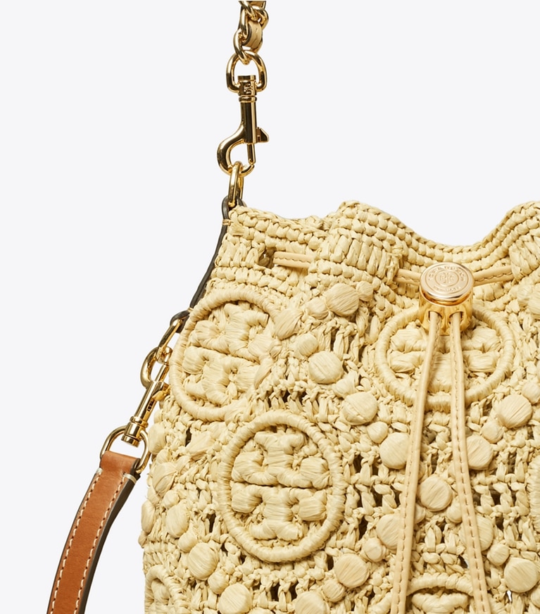 Tory Burch designer crossbody bags T Monogram Raffia Bucket Bag in Natural angle