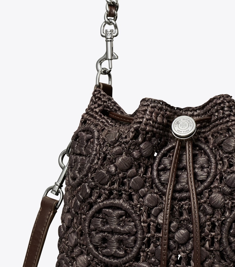 Tory Burch designer crossbody bags T Monogram Raffia Bucket Bag in Cocoa angle