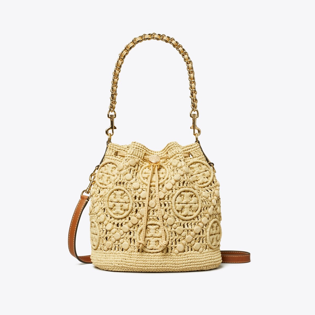 【Tory Burch】TORY BURCH RAFFIA T-MONOGRAM BUCKET BAG T Monogram Raffia Bucket Bag: Women's Designer Crossbody
