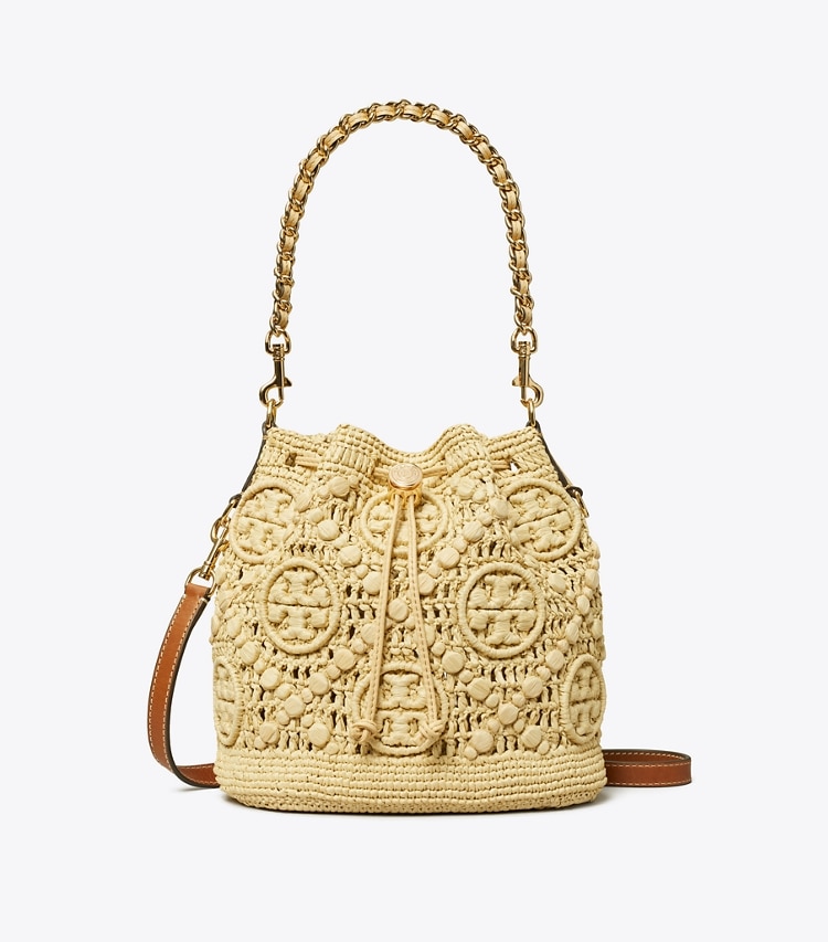 Tory Burch designer crossbody bags T Monogram Raffia Bucket Bag in Natural front