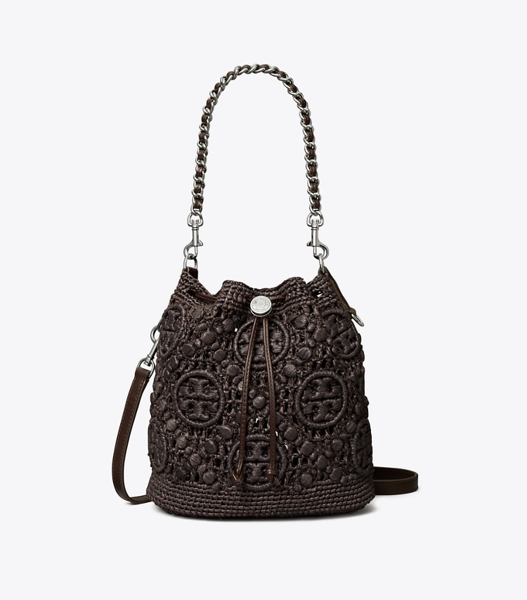 Tory Burch designer crossbody bags T Monogram Raffia Bucket Bag in Cocoa front