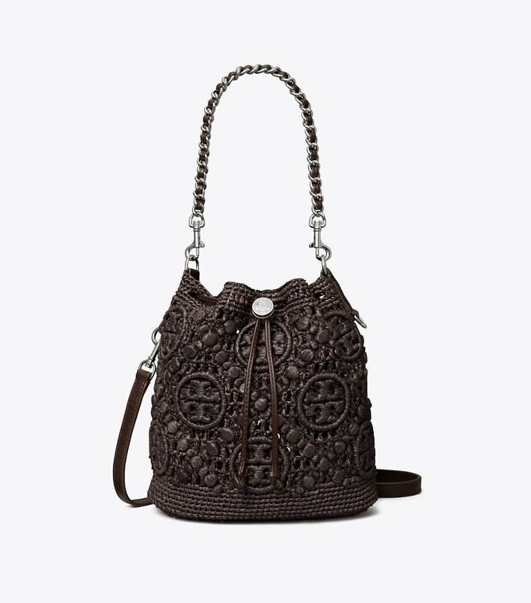 Tory Burch designer crossbody bags T Monogram Raffia Bucket Bag in Cocoa angle