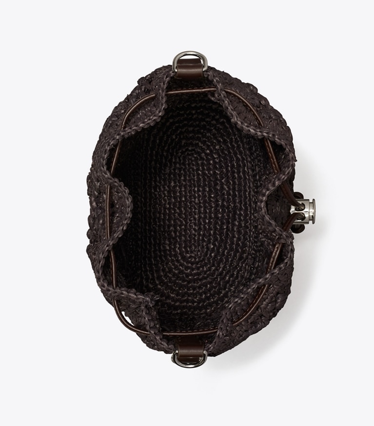 Tory Burch designer crossbody bags T Monogram Raffia Bucket Bag in Cocoa angle