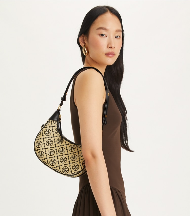 Tory Burch designer shoulder bags T Monogram Raffia Crescent Bag in Black accessory on model