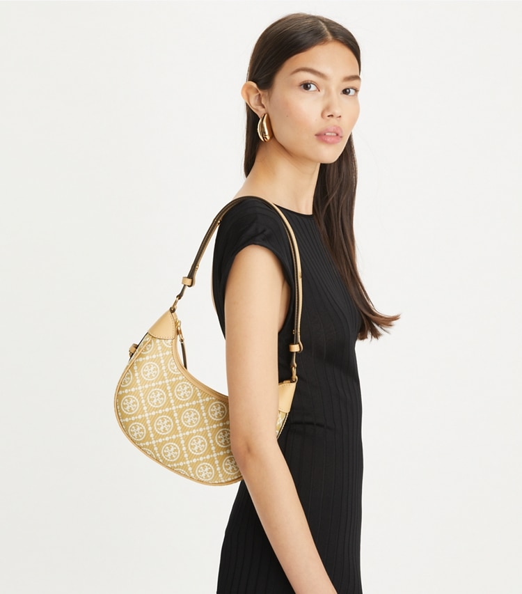Tory Burch designer shoulder bags T Monogram Raffia Crescent Bag in Natural accessory on model