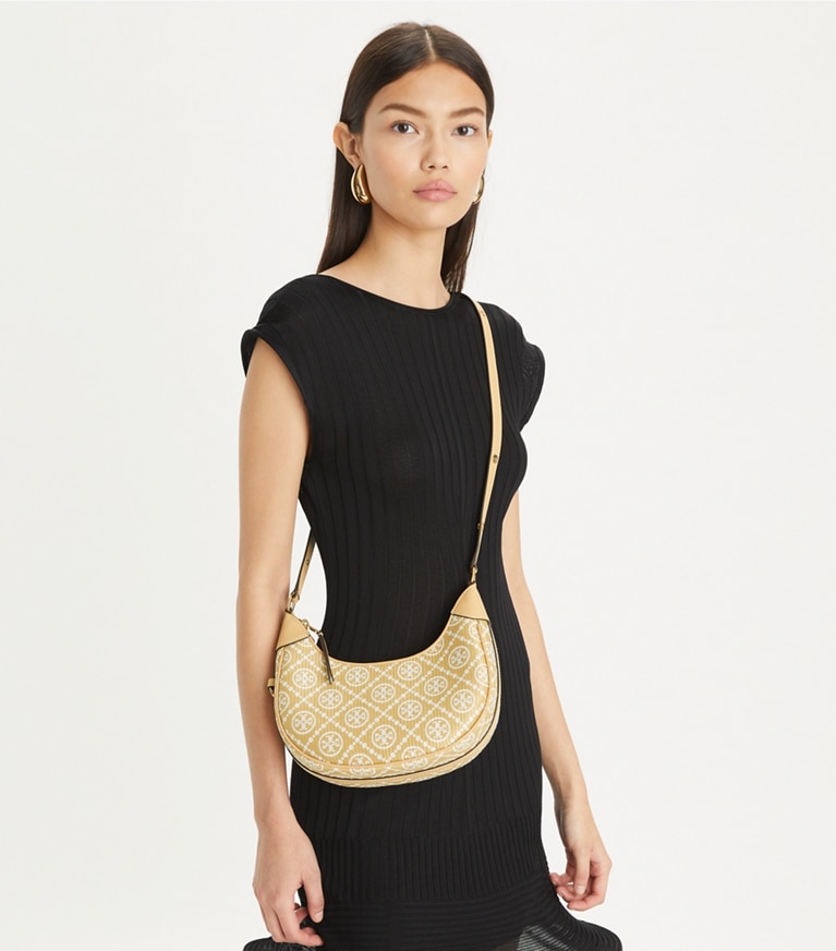 Tory Burch designer shoulder bags T Monogram Raffia Crescent Bag in Natural additional on model