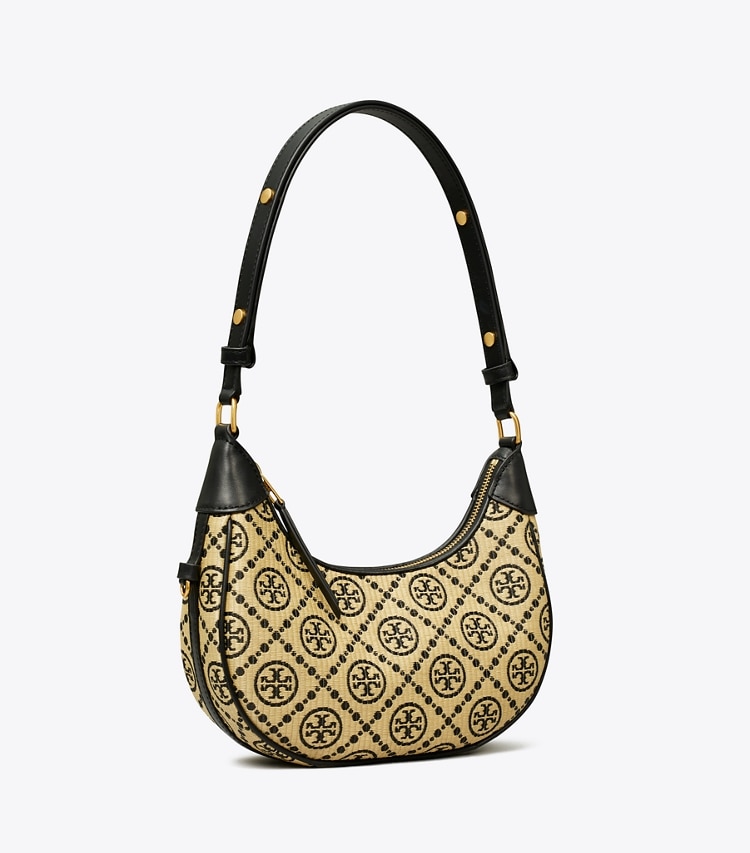 Tory Burch designer shoulder bags T Monogram Raffia Crescent Bag in Black angle