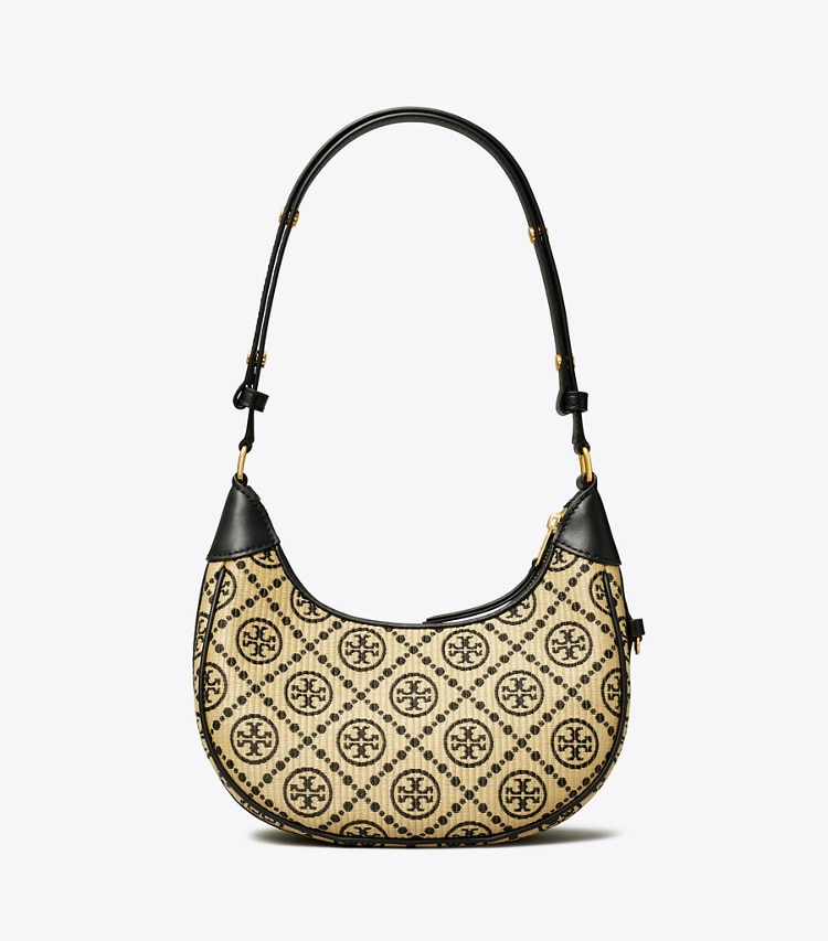 Tory Burch designer shoulder bags T Monogram Raffia Crescent Bag in Black back