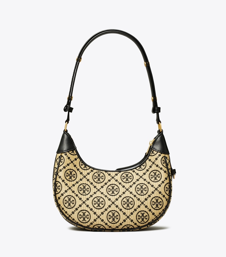 Tory Burch designer shoulder bags T Monogram Raffia Crescent Bag in Black angle