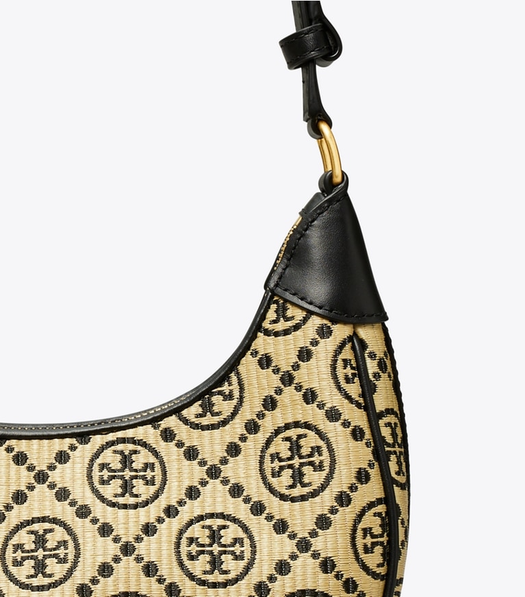 Tory Burch designer shoulder bags T Monogram Raffia Crescent Bag in Black angle